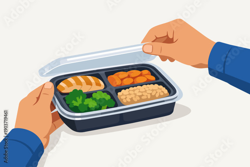 Hands opening meal prep container with balanced healthy food portions