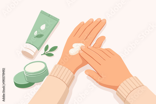 Hands applying natural moisturizing cream for daily skin care routine and hydration