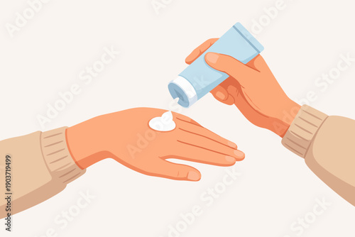 Applying hand cream, moisturizing skin for health and beauty care regimen