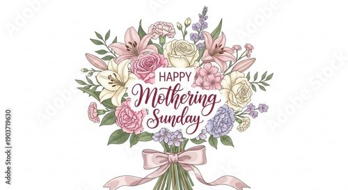 Happy mothering sunday bouquet of flowers with pink and purple blooms and ribbon