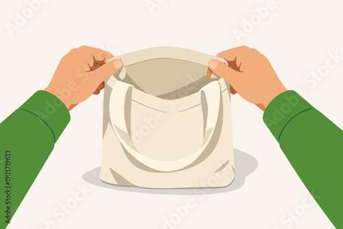 Hands opening empty reusable shopping bag for sustainable grocery concept