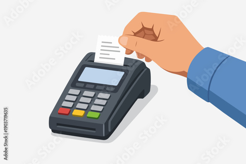Hand pulling receipt from pos terminal after payment transaction