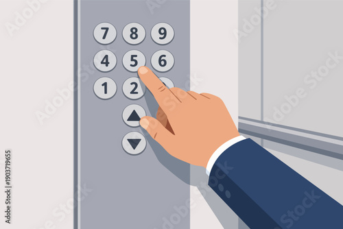 Hand pressing elevator button, choosing floor in office lift panel