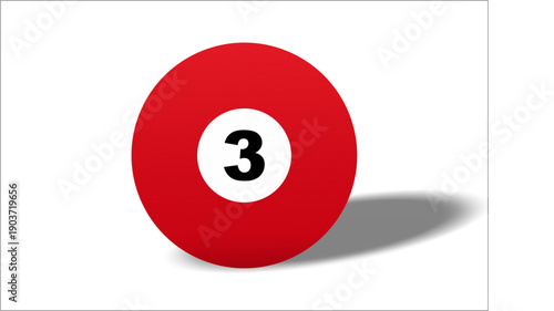 A high-quality 3D digital rendering of a solid red number 3 billiard ball. The image showcases a vibrant glossy finish with realistic lighting and a soft drop shadow