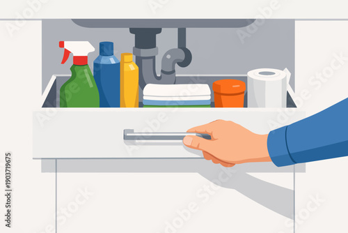 Hand opening under sink drawer storing household cleaning and hygiene supplies