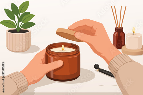Hands opening scented jar candle, creating cozy home atmosphere and self-care moment