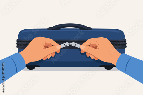 Person closing a blue suitcase zipper, preparing for travel or business trip