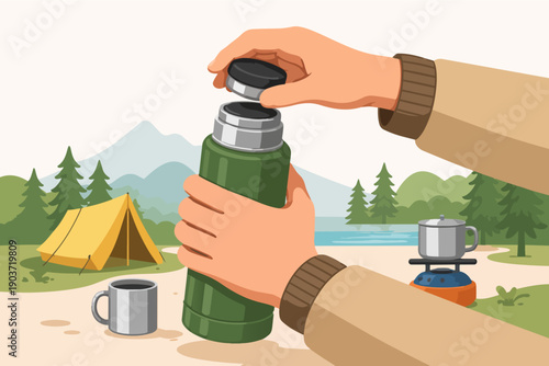 Person opening a thermos, enjoying hot drink during camping trip in nature