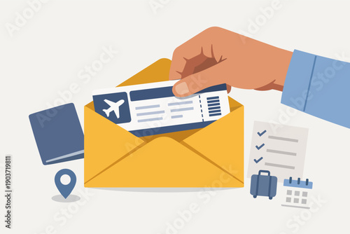 Hand placing airplane ticket into envelope, symbolizing booking and travel planning