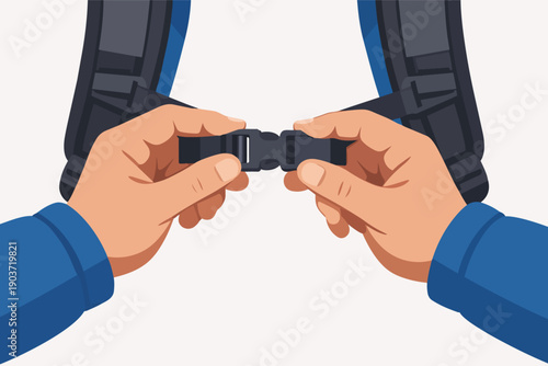 Hands fastening backpack buckle, preparing for outdoor adventure travel and hiking