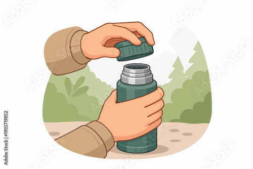 Hands opening camping thermos in nature, preparing hot drink during outdoor adventure