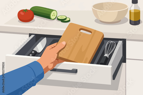 Person preparing to cook, organizing kitchen items on a counter, getting ready for a meal