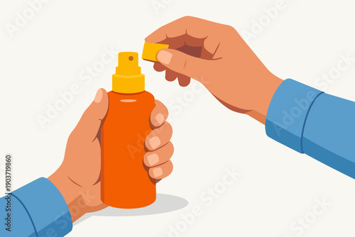 Hands opening spray bottle with cleanser, protecting from germs and viruses
