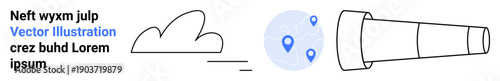 Exploration, location tracking, navigation, discovery, direction, map services. Abstract design with a telescope, cloud map pins on a circular area. Exploration and location tracking