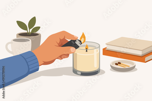 Hand lighting aromatic candle for relaxation, comfort, and cozy home atmosphere