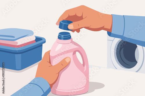 Person pouring laundry detergent, performing household chores and cleaning