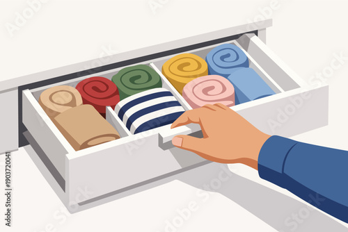 Hand opening drawer with various neatly folded clothes, organized storage solution