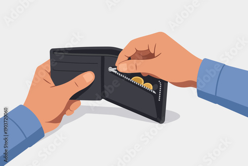Hand opening wallet zipper to take out a few coins, concept of budgeting money