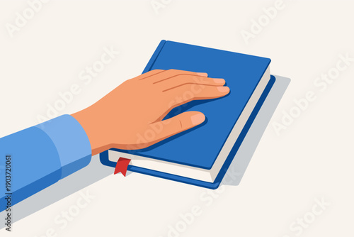 Hand resting on book, making solemn oath, promising truth and commitment
