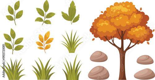 Autumn Foliage Nature Vector Set with Fall Tree, Leaves, Grass, and Stones for Seasonal Illustrations, Landscapes, Backgrounds, and Graphic Designs.