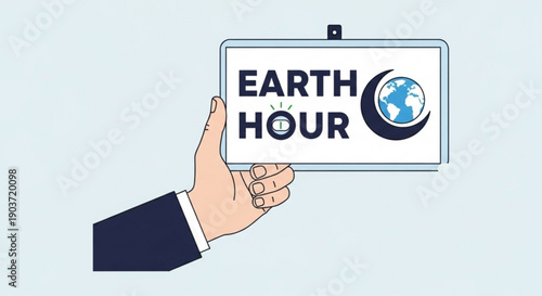 Hand holding earth hour sign with globe and crescent moon symbol