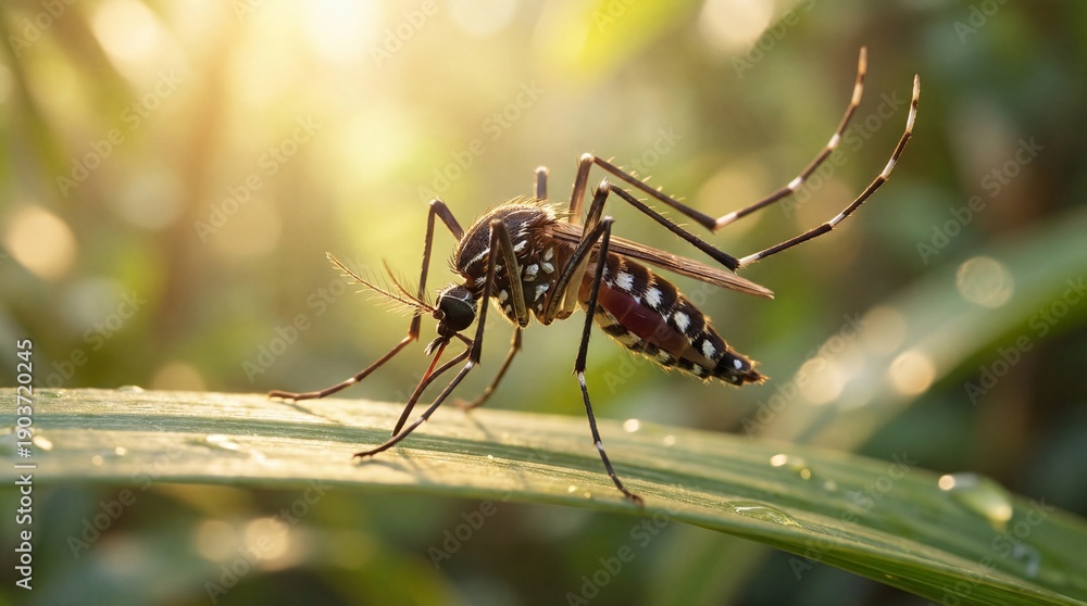 Naklejka premium Tropical mosquito perched on a green leaf in soft sunlight 