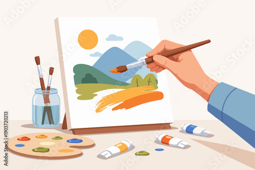 Hand painting landscape artwork on easel, expressing creativity and artistic hobby