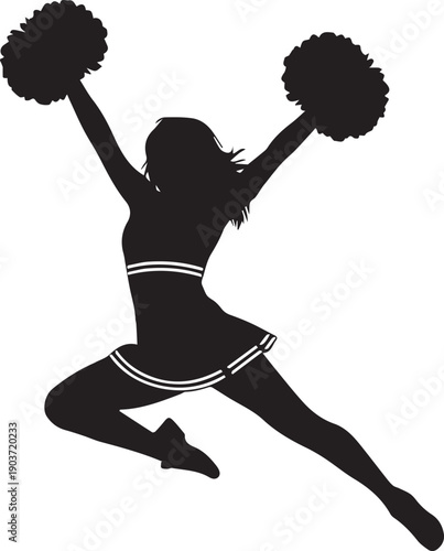 Cheerleader silhouette jumping with pom poms in mid air