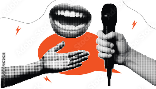 Halftone Collage Hand and Mouth Speaking Concept, Communication and Announcement Symbol, Media, Journalism, Podcast, Speech Message Vector Illustration