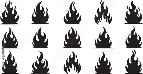 Set of black flame icons on white background graphic