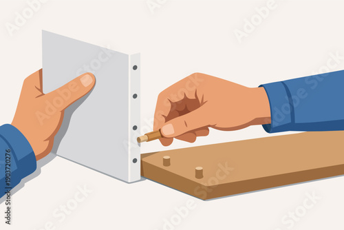 Hands assembling furniture using wooden dowel pins for diy project building