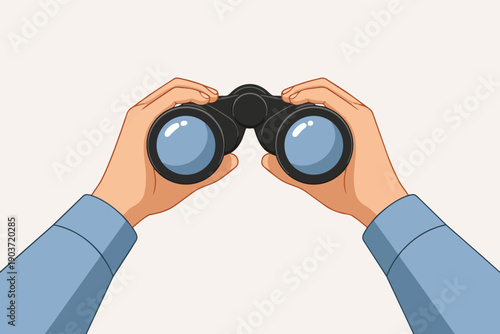 Hands holding binoculars, searching, vision, exploring, observing, looking forward