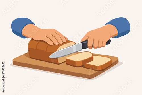 Hands slicing a loaf of bread on a wooden board for food preparation