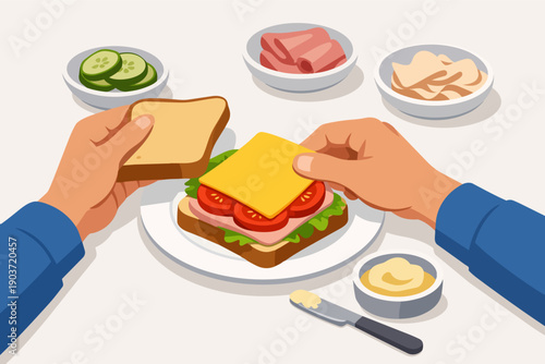 Hands preparing a fresh sandwich with ham, cheese, tomato, and lettuce ingredients