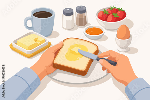 Spreading butter on toast for a complete breakfast meal illustration