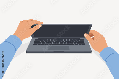 Hands closing laptop, stopping work or taking a break, using portable computer