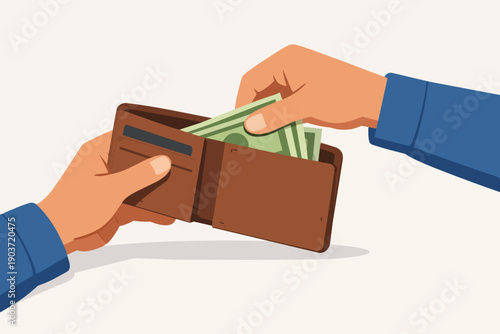 Hands exchanging money, taking cash from wallet, paying for services or goods