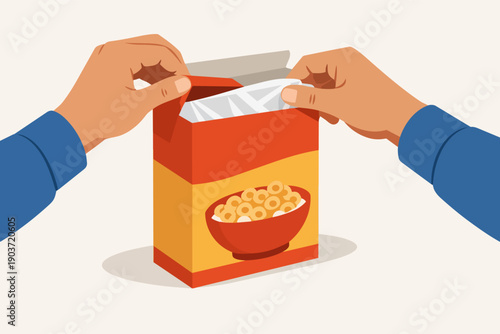 Drawing showing two hands opening a carton box of breakfast cereal