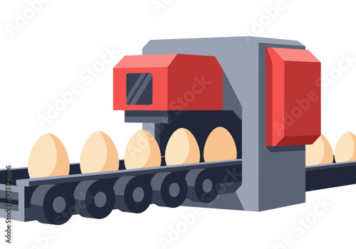 An egg grading machine processes eggs on a conveyor belt. A modern, industrial illustration with a bright, clean aesthetic. Ideal for food, poultry, and manufacturing themes.