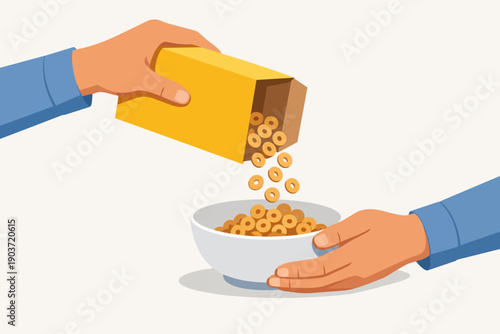 Hand pouring breakfast cereal into a bowl, symbolizing giving and sharing food