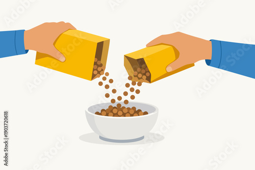 Hands pouring cereal from boxes into a bowl for breakfast meal