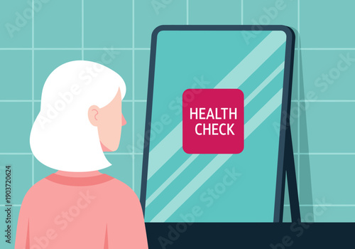 An elderly woman peers into a mirror reflecting 'Health Check'. A modern, clean design emphasizes self-care and wellness. Soft colors and a minimalist style create a calming visual.