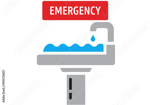 Emergency eye wash station icon. Clean, modern design with a blue water fill and red emergency alert. Simple, impactful graphic for safety signage.