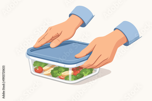 Hands sealing a food container with healthy meal prepping for lunch