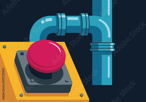 Emergency stop button controls a chemical plant. Bold red button contrasts with blue pipes and a yellow panel. Clean, modern illustration for industrial themes.