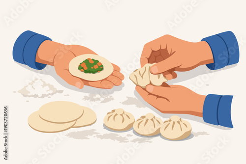 Hands preparing asian dumplings with dough and vegetable filling for a traditional meal