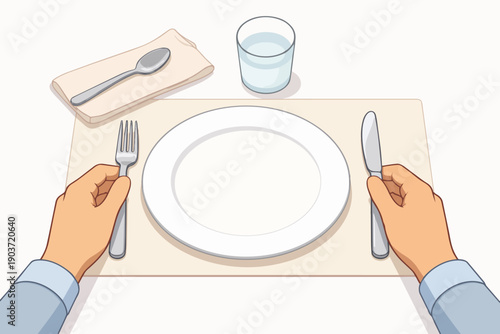 Hands holding fork and knife at a restaurant table, dining etiquette concept