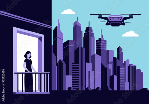 A woman gazes out from a balcony at a futuristic AI-powered city. Drone technology highlights a smart city lifestyle. Modern, vibrant, and aspirational.