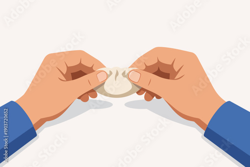 Hands molding dumpling dough, preparing homemade gyoza or potsticker for cooking