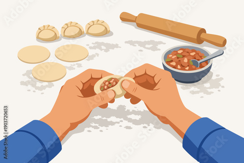 Hands folding dough around savory filling to create dumplings. Cooking process in kitchen